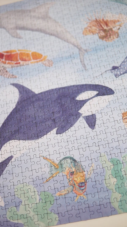 1000 Teile Puzzle | Meerestiere | Illustration Aquarell | Puzzle mit Wal, Delfin, Rochen, Hai, Clownfisch, Meeresschildkröte, Robbe, Feuerfisch